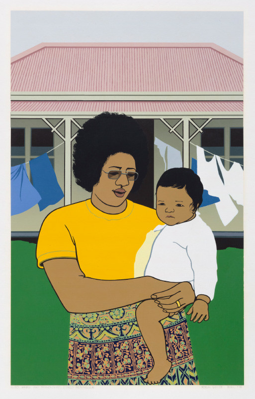 Robin White Mere and Siulolovao, Otago Peninsula 1978. Screenprint. Collection of Auckland Art Gallery Toi o Tāmaki, purchased 2004