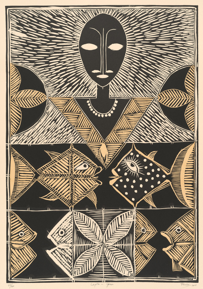Fatu Feu'u Lapita - Green 2010. Woodcut. Collection of Christchurch Art Gallery Te Puna o Waiwhetū, purchased 2019.