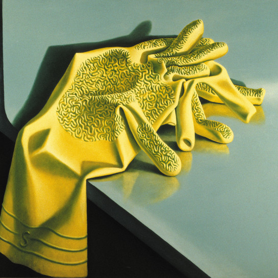Michael Smither Rubber Gloves 1977. Oil on hardboard. Collection Govett-Brewster Art Gallery, New Plymouth, purchased from Monica Brewster Bequest in 1978