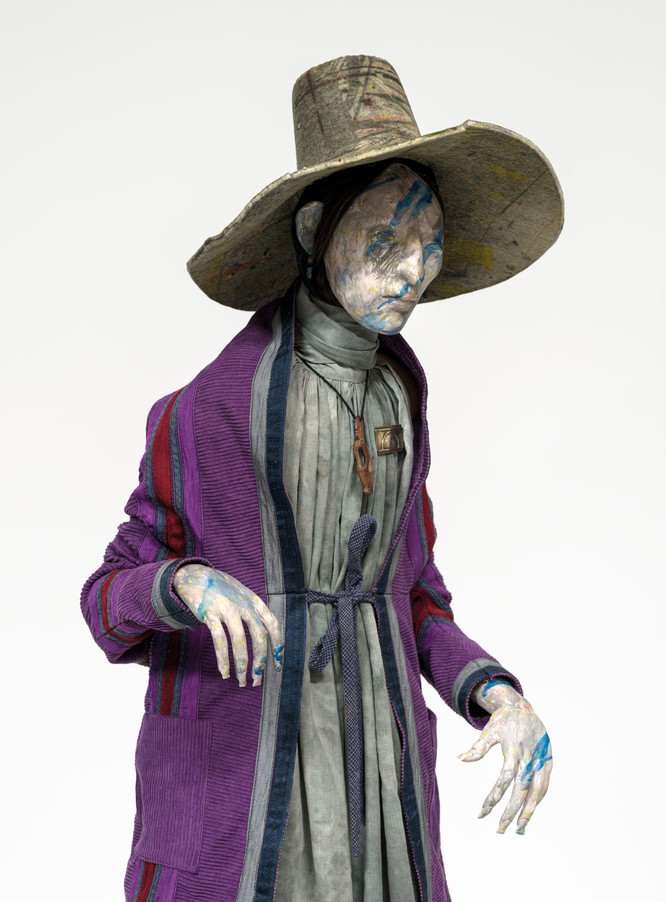 Francis Upritchard Printer 2021. Steel and foil armature, paint, modelling material, fabric, metal, felt, kangaroo hide, hair
