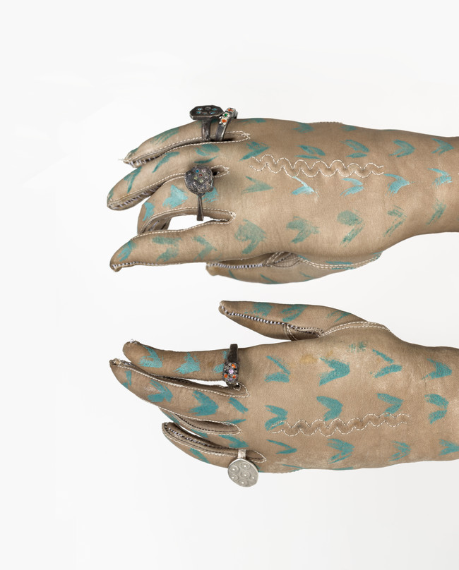 Francis Upritchard Wall Paper Gloves 2021. Kid leather, paint, rings made by Karl Fritsch in silver with cubic zirconia gems