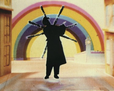 Len Lye Rainbow Dance (video still) 1936. 35mm Gasparcolor sound film; 5min. Courtesy of the British Post Office and the Len Lye Foundation from material preserved and made available by The New Zealand Archive of Film, Television and Sound Ngā Taonga Whitiāhua Me Ngā Taonga Kōrero