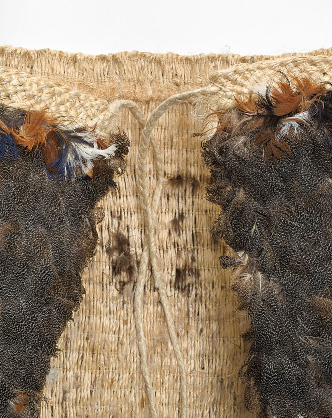 Whero o te Rangi Bailey QSO (Taranaki Whānui, Ngāti Maniapoto, Ngāti Raukawa, Ngāi Tahu) Te Amo Oranganui ki te Ao (detail) 2004. Harakeke, feathers from pūtangitangi, pūkeko and weka. Collection of Soroptimist International of Aotearoa New Zealand