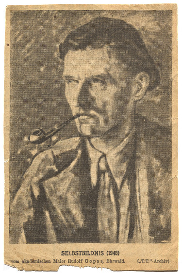 Self portrait of Rudolf Gopas, newspaper clipping from issue 2281 of the Tiroler Tageszeitung, 4 December 1948, p.5. Folder 3a, Box 2, Rudolf Gopas Archive, Robert and Barbara Stewart Library and Archive, Christchurch Art Gallery Te Puna o Waiwhetū    
