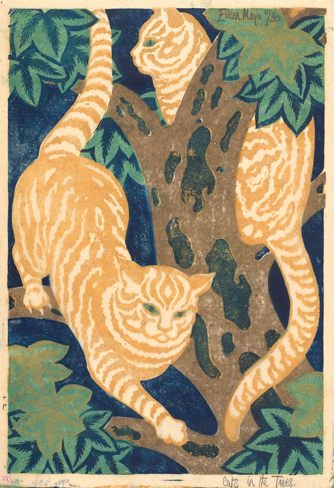 Eileen Mayo Cats in the Trees 1931. Linocut. Collection of Christchurch Art Gallery Te Puna o Waiwhetū, presented by Rex Nan Kivell, 1953