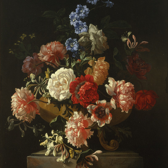 Jan Frans van Son Roses, honeysuckle and other flowers in a sculpted vase c. 1685. Oil on canvas. Collection of Christchurch Art Gallery Te Puna o Waiwhetū. Purchased with assistance from the National Art Collections Fund of Great Britain 1973