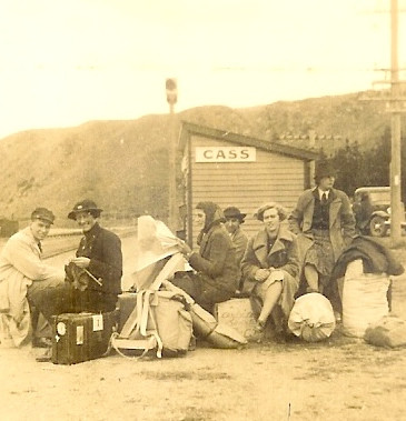 Ellen Heine University of Canterbury Science students wait for the train at the Cass Railway Station (c.1935-38) Collection of the Biology Department, University of Canterbury.