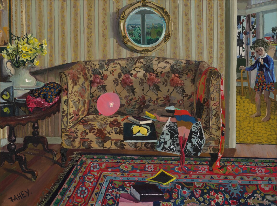Jacqueline Fahey The Portobello Settee 1974. Oil on board. Collection of Christchurch Art Gallery Te Puna o Waiwhetū, gift of the Friends of Christchurch Art Gallery, 2017