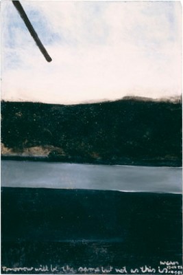 Colin McCahon Tomorrow will be the same but not as this is 1958–9. Solpah and sand on board. Presented by A Group of Subscribers, December, 1962. Collection of Christchurch Art Gallery Te Puna o Waiwhetū, reproduced courtesy of the Colin McCahon Research and Publication Trust