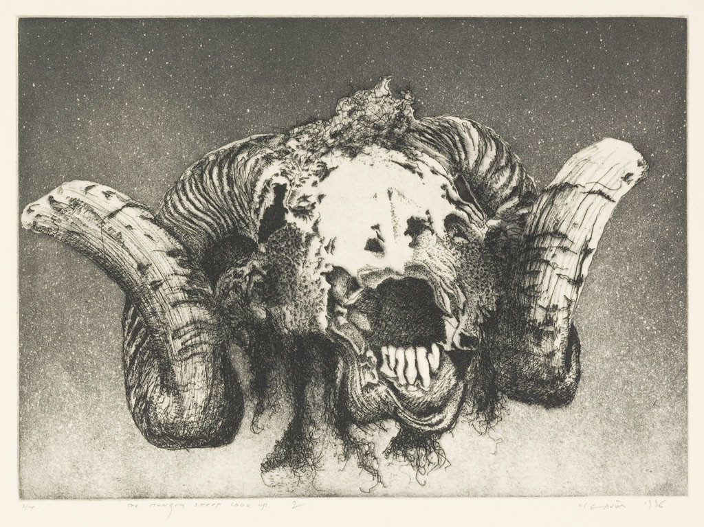 Barry Cleavin, The hungry sheep look up– the final solution (2) 1996. Etching. Collection of Christchurch Art Gallery Te Puna o Waiwhetū 1999. Reproduced courtesy of Barry Cleavin  