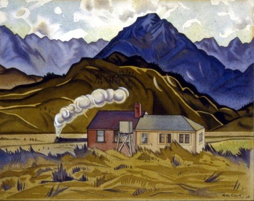 Rita Angus Mountain Biological Station, Cass (1936) watercolour. Collection University of Canterbury