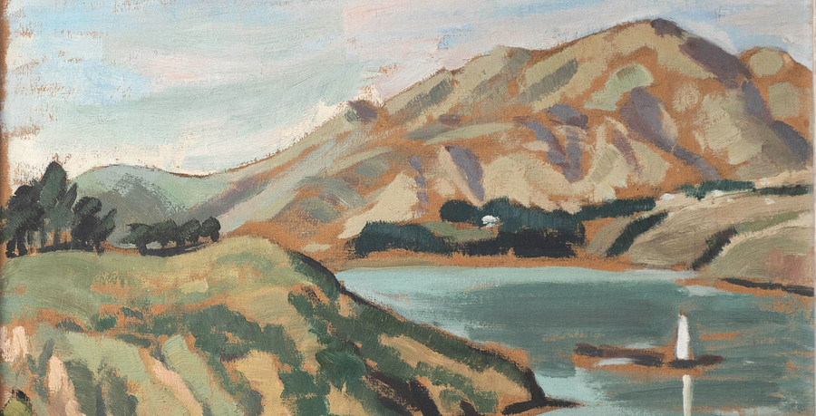 Margaret Frankel Lyttelton Harbour—Rāpaki (detail) 1939. Oil on paper on board. Collection of Rangi Ruru Girls' School, gift of Margaret Frankel. Photo: Rangi Ruru