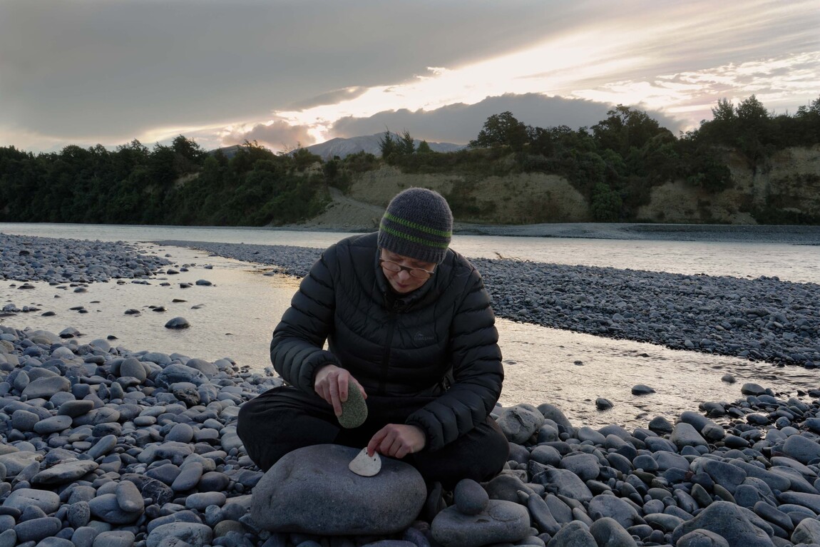 Areta Wilkinson working on Whakapapa I, 2018, on the Waimakariri River. Photo: Studio La Gonda