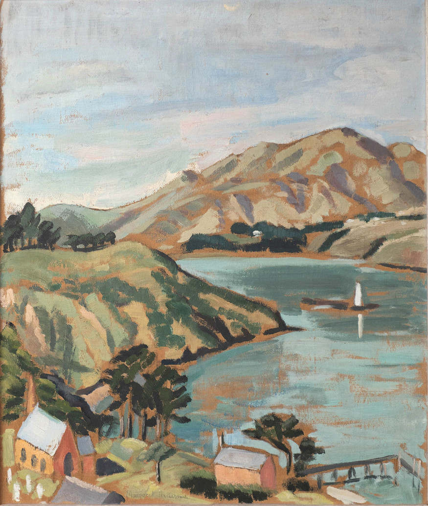 Margaret Frankel Lyttelton Harbour—Rāpaki 1939. Oil on paper on board. Collection of Rangi Ruru Girls' School, gift of Margaret Frankel. Photo: Rangi Ruru