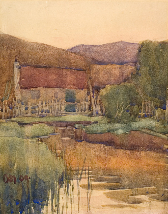 Owen Merton Farm Scene 1909. Watercolour. Collection of Christchurch Art Gallery Te Puna o Waiwhetū, Donated from the Canterbury Public Library