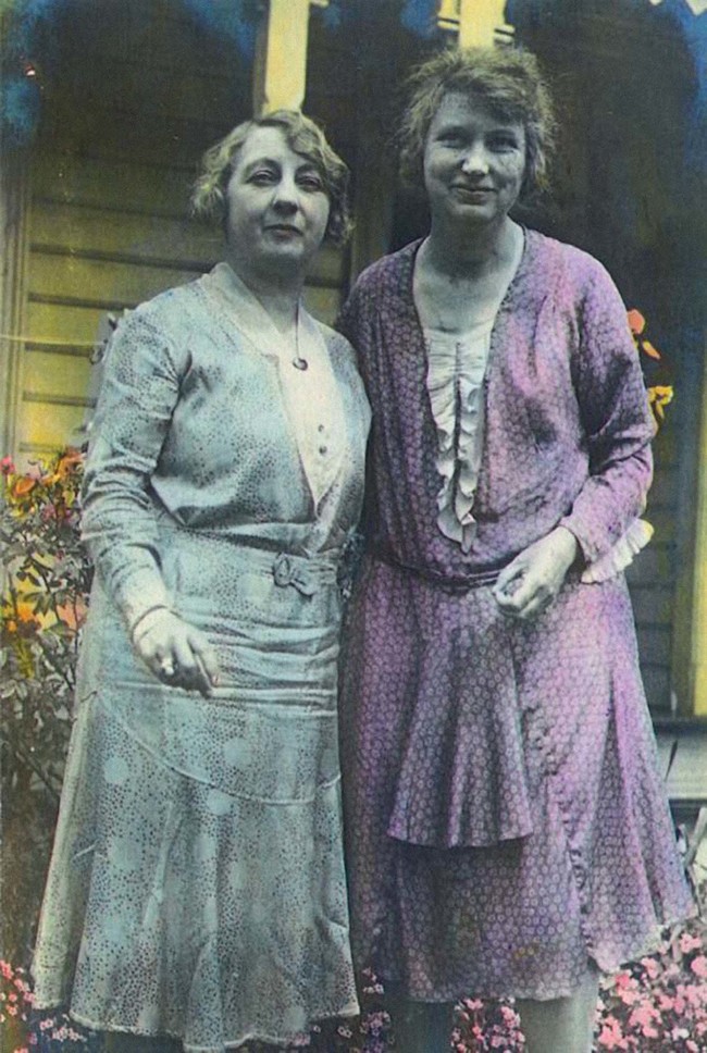 Photograph of Rose Zeller and Daisy Osborn, Christchurch, c. 1940s. Hand-coloured by Daisy Osborn