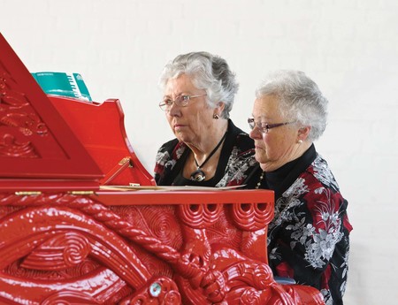 Piano teachers Lynley Clarke and Beryl Cowen (retired) played Michael Parekowhai’s He Kōrero Pūrākau mo Te Awanui o Te Motu: story of a New Zealand river (2011. Te Papa, purchased 2011, with the assistance of the Friends of Te Papa. 2011-0046- 1/A-N to N-N) when it was installed at 212 Madras Street, Christchurch in 2012. The event was captured by Gallery photographer John Collie, and unknown to us at the time, by Barry Cleavin too.