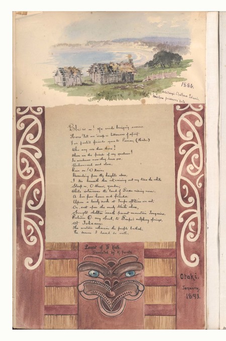 Margaret Stoddart The prisoners’ huts on Orea flat, overlooking Waitangi Bay, Chatham Islands, 1886 (above) with the Lament of Te Kooti, translated by H. Parata at Ōtaki, January 1893. Album 2, Canterbury Museum, 2015.115.3-4, p.1