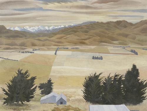 Willaim Sutton Hills and Plains, Waikari 1956. Oil on canvas board. Collection of Christchurch Art Gallery Te Puna o Waiwhetū, purchased 1989
